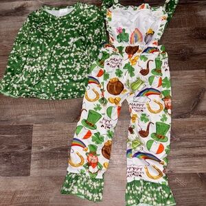 St. Patrick's Day Outfit with Green Top and Printed Overalls